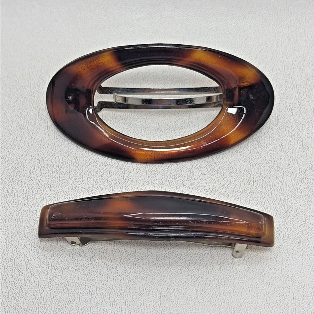 Vintage Lot Of 2 Made In France Tortoise Shell Style Hair Barrette Clip 3" 80s